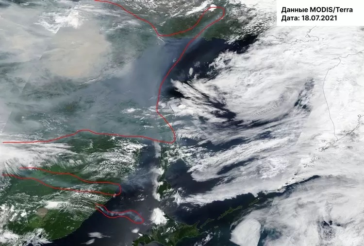 Минэкологии опубликовало спутниковые снимки окутавшего Сахалин дыма